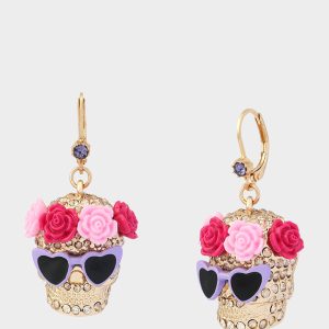 FLOWER CROWN SKULL EARRINGS PINK